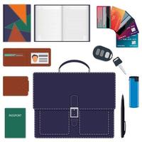 Men s briefcase and its contents. Men s bag and a common set of objects carry with them. Diary, wallet, bank cards, car keys, passport, lighter, pen. Vector illustration.