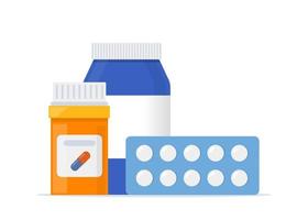 botella de medicina con pastillas, cápsulas, blister con pastillas, botella con líquido. ilustración vectorial plana. vector