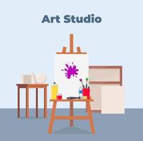Art studio interior. Easel, canvas, paint and all necessary tools for drawing. Beautiful composition for advertising art studio. Vector flat illustration.