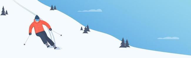 Winter Sport. The skier rushes down the slope. Winter holidays in the mountains. Alpine skiing. Vector illustration.