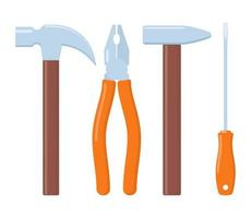 Collection of working tools. Repair and construction tools icon set. Hammer, pliers, file, screwdriver, wrench. Vector flat illustration.