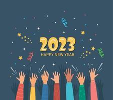 Raised hands of happy people celebrating New Year 2023. Crowd of people at party. People celebrate. Firecrackers, confetti, fireworks, carnival. New Year greeting card. Vector illustration.