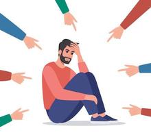 Sad or depressed young man surrounded by hands with index fingers pointing at him. Concept of quilt, accusation, public censure and victim blaming. Flat vector illustration.