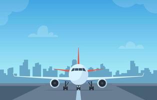 Passenger airplane on runway, front view. passenger aircraft takeoff illustration. Airport with aircraft on airfield, city building silhouettes background. Vector illustration.