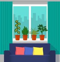 Big window with curtain and plants in pots on the windowsill, the couch in the foreground. City outside the window. Vector illustration in flat style.