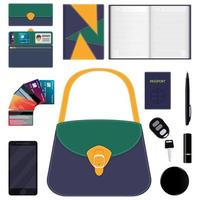Woman s handbag and contents. Diary, wallet, bank cards, pen, smartphone, passport, car keys, lipstick, powder. Vector illustration.