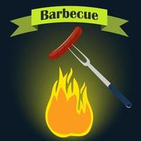 Barbecue party invitation card design template. Fire, sausage, fork. Vector illustration, flat style.