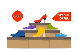 Shoes sale in store. Shoe boxes with footwear. Stylish modern sneakers, woman high heel shoes on box, side view. Price tag with discount of 50 percent. Vector illustration.