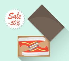 Stylish modern sneakers in box, side view. Sale with a discount of 50 percent. Sports or casual shoes. Illustration for a shoe store. Vector flat illustration.