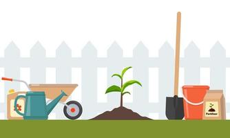 Just planted in the ground sprout and garden tools around. Seedling fruit tree with shovel, fertilizers and watering can. Illustration for agricultural booklets, flyers garden. vector