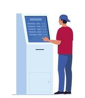 Man using self-service payment and information electronic terminal with touch screen. Vector illustration in flat style.