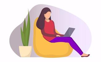 Woman sitting in a bag chair with laptop. Girl with laptop doing remote work. Online freelance work concept illustration for web page or mobile app. Modern flat style vector. vector