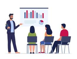 Businessman presenting new project to her partners and colleagues. He is showing graphs and pie charts. Coach giving presentation to clients. Vector illustration.