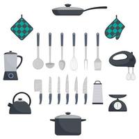 utensilios y electrodomésticos de cocina, juego. sartén, cazo, tetera, batidora, balanza de batidora, manoplas de horno, cucharón, espátula, batidor, espumadera, cuchara, rallador, hacha de cocina, cuchillo. ilustración plana vectorial. vector