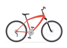 Modern city or mountain bike with V-brakes. Multi-speed red bicycle for adults. Vector flat illustration, isolated on white.