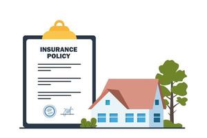 Real estate Insurance concept. Insurance policy on clipboard and beautiful private house. House insurance business services. Residential home real estate protection. Vector illustration.