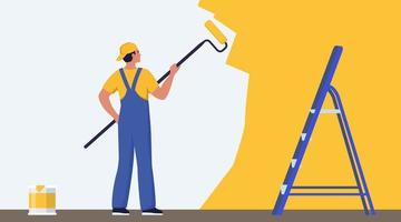 Painter man painting house wall with roller brush. Worker guy using paint-roller and paint cans. Decorator job, interior renovation service. Flat vector character illustration.