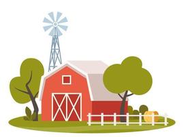 Farm scene with red barn and windmill, tree, fence, haystack. Rural landscape. Agriculture and farming concept. Cute vector illustration.