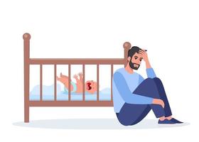 Young tired dad at night with baby crying on crib. Unhappy daddy, exhausted and stressed, next to the newborn's crib. Child is crying hysterically and pulling up the handles. Vector illustration.