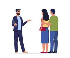 Seller Manager and Clients. Agent speaking with young couple. Man and woman in showroom. Couple is preparing to make a deal or purchase. Consultation, presentation, discussion. Vector Illustration.