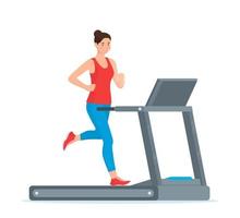 Young woman is running on a treadmill. Vector illustration in flat style, isolated on white.