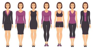 Beautiful young woman standing in different clothes, formal, business, everyday, sports. Woman in elegant and casual clothes. Basic wardrobe in two colors. Vector illustration, isolated.