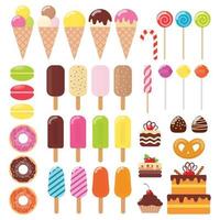 conjunto de varios dulces. helado, pastel, pastel, donut, macarrón, piruleta, caramelo, chocolate. ilustración plana vectorial. vector