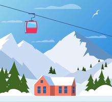 Ski resort. Winter mountain landscape with lodge, ski lift. Winter sports vacation banner. Vector illustration.