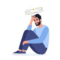 Sad man having dizzy symptoms. Sick person sitting on ground with dizzy head, suffering from pain. Stress, dizziness, accident, health problems. Vector illustration.