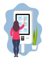 Woman using self-service payment and information electronic terminal with touch screen. Vector illustration in flat style.