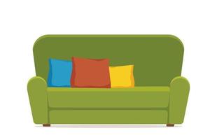 Cozy green sofa with colorful pillows. Comfortable couch. Furniture for living room. Soft seat. Colorful flat vector illustration isolated on white background.