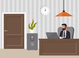 Chief s office. Boss in suit and glasses, working on laptop. Table, safe, chair, potted plant, clock and lamp. Office interior. Vector illustration.