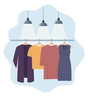 Clothes hang on a hanger, illuminated by lamps. Fashion boutique, assortment showroom. Women's personal wardrobe, dressing room. Trousers, summer dress on hangers. Vector illustration.