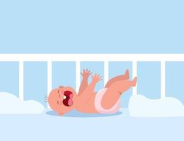 Little baby crying hesterically in crib. Crying baby lies and pulls up the handles. Little kid being unhappy. Flat vector Illustration.