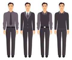 joven parado en pleno crecimiento con diferentes ropas formales. hombre con ropa elegante e informal. vestuario básico. ilustración vectorial, aislado. vector