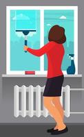 Woman washing the window with a scraper. Window cleaning. Scraper glides over the glass, making it clean. Spray glass cleaner and a sponge on windowsill. Vector illustration in flat style.