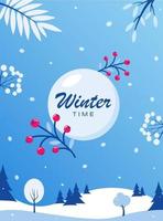 Winter time. Winter social network banner template. Flyer with winter landscape snowy background. Vector illustration.