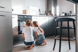 Baking food. Little boy and girl preparing Christmas cookies on the kitchen photo