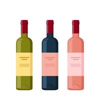 Bottles of Red, White and Rose wine. Wine bottle Collection, bar. Flat Vector Illustration.