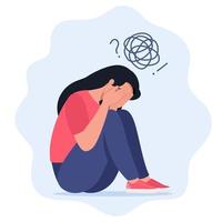 Depressed Unhappy Woman Sit on Floor with Tangled Thoughts in Head, Girl Need Psychological Help. Mind Health Problem, Mental Disease. Vector Illustration.