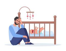 Young tired dad at night with baby crying on crib. Unhappy daddy, exhausted and stressed, next to the newborn's crib. Child is crying hysterically and pulling up the handles. Vector illustration.