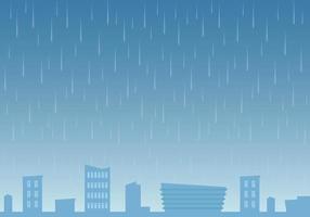 Rain on city background. Rainy day. Urban landscape in rainy weather. Vector illustration in flat style.