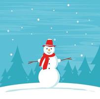 Cartoon cute snowman in a cap and scarf on snowy christmas winter background. Vector illustration.