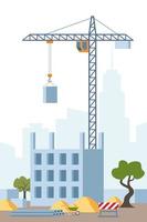 Building work process with houses and tower crane. City landscape on background. Vector illustration.