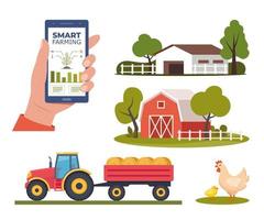 Smart farming, futuristic technologies in farm industry. Smartphone with app for control plants growing. Set of scenes and elements on farm theme. Vector illustration.