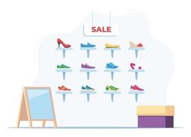 Interior of a shoe store. Shoes on shelves, mirror and seat for fitting shoes. Trendy fashioned shoes, side view. Sport sneakers and boots for women and men. Vector illustration.