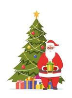 Cute Santa Claus character with gift in his hands and decorated christmas tree behind him. Santa smiling and show gift box. Merry Christmas and Happy New Year card, banner. Vector illustration.