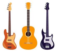 conjunto de guitarra guitarras acústicas y eléctricas aisladas sobre fondo blanco. instrumentos musicales de cuerda. linda ilustración vectorial de estilo plano. vector