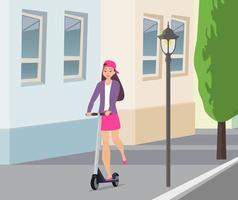 Cute girl riding kick scooter on city street. Teen girl in short skirt, jacket and baseball cap rides on scooter. Young charming female character on kick scooter, vector in flat style.