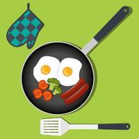 Traditional Breakfast. Scrambled eggs with vegetables and sausage on frying pan. Vector illustration in flat style.